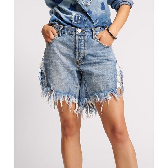 One Teaspoon HOLLYWOOD FRANKIES LONG LENGTH DENIM SHORT Size 24 - Picture 1 of 13